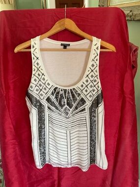 Express Off-White Tank with Black Sequin Art Deco Design
